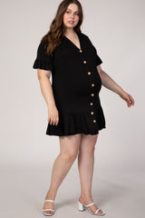 Black Short Ruffle Sleeve Button Down Plus Maternity Dress