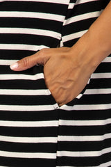 Black Striped V-Neck Short Sleeve Side Pocket Maternity Dress