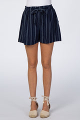 Navy Blue Vertical Stripe Paper Bag Waist Shorts