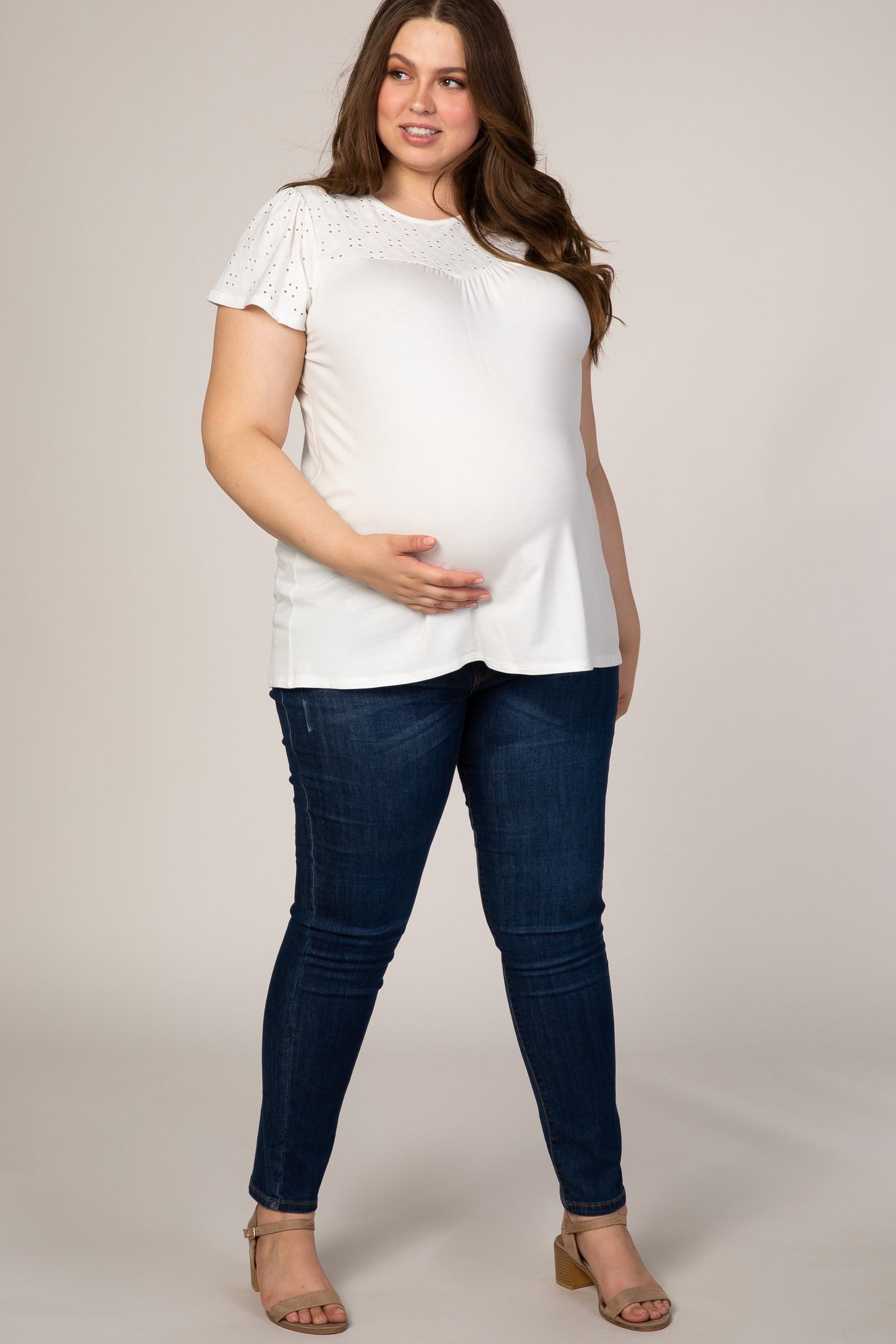 PinkBlush Ivory Eyelet Short Flutter Sleeve Plus Maternity Top
