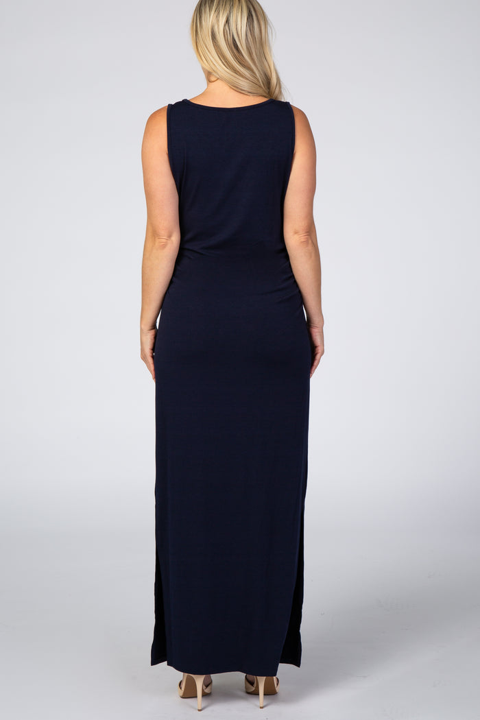 Navy Blue Sleeveless Ruched Side Slit Maternity Maxi Dress