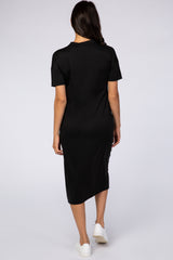 Black Short Sleeve V-Neck Button Detail Midi Dress