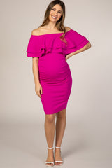 Fuchsia Off Shoulder Fitted Maternity Dress