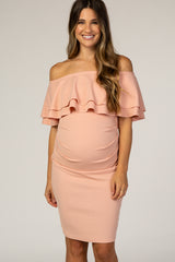 Peach Off Shoulder Fitted Maternity Dress
