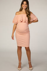 Peach Off Shoulder Fitted Maternity Dress