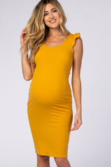 Mustard Flounce Sleeve Ribbed Maternity Dress