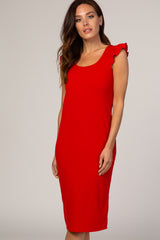 Red Flounce Sleeve Ribbed Dress