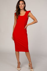 Red Flounce Sleeve Ribbed Dress