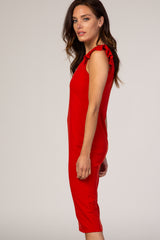Red Flounce Sleeve Ribbed Dress