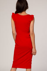 Red Flounce Sleeve Ribbed Dress