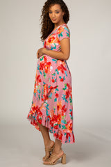 Pink Floral Ruffle Accent Hi-Low Maternity Wrap Dress