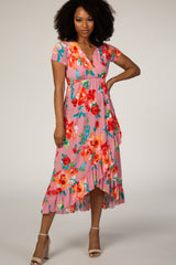 Pink Floral Ruffle Accent Hi-Low Wrap Dress