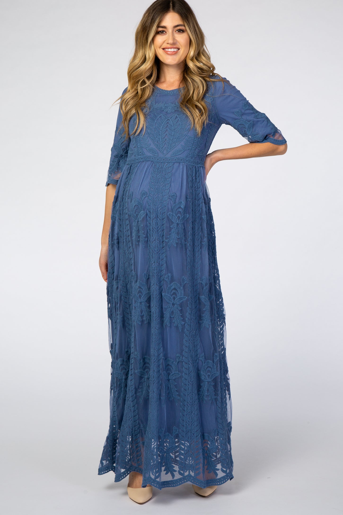 Blue Crochet Overlay Maternity Maxi Dress