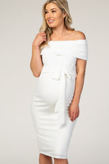 PinkBlush White Ribbed Off Shoulder Fitted Maternity Dress