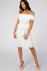 PinkBlush White Ribbed Off Shoulder Fitted Maternity Dress