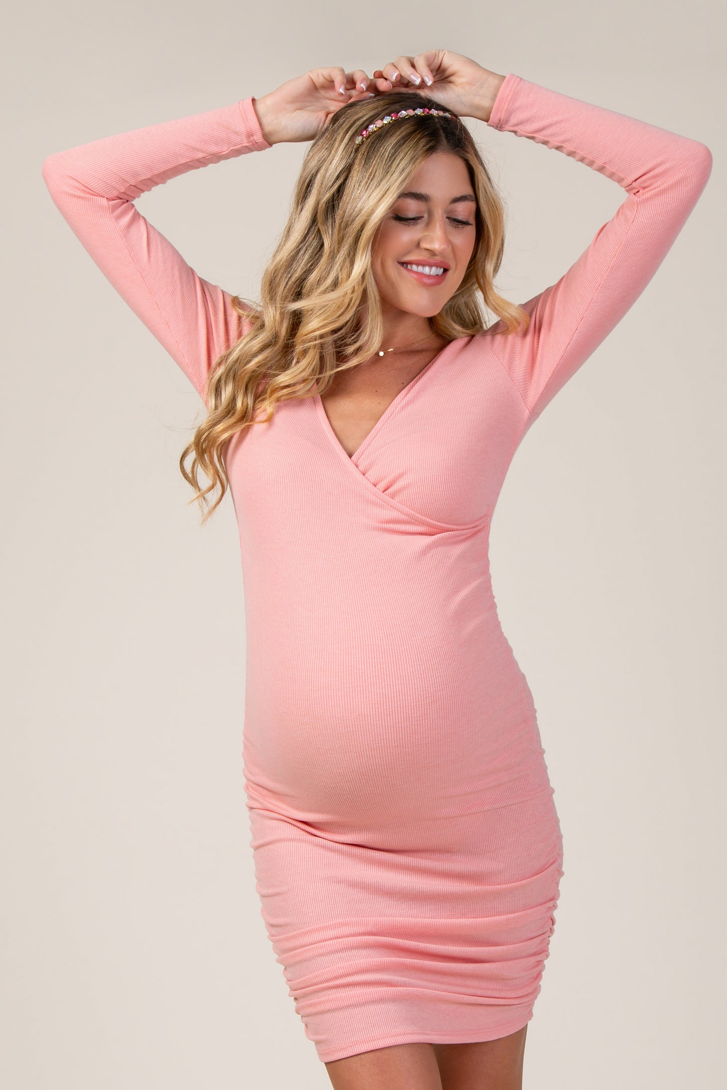 PinkBlush Salmon Ribbed Fitted Maternity/Nursing Dress
