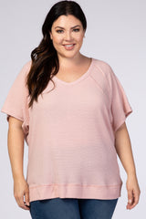 Pink Textured Short Sleeve V-Neck Plus Maternity Top
