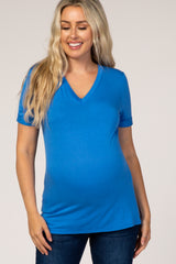 Blue V-Neck Cuff Sleeve Maternity Top