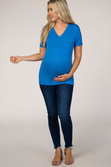 Blue V-Neck Cuff Sleeve Maternity Top
