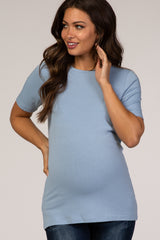 Light Blue Crew Neck Short Sleeve Maternity Top