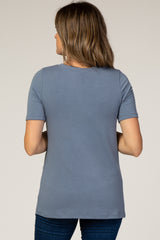 Blue V-Neck Short Sleeve Basic Top