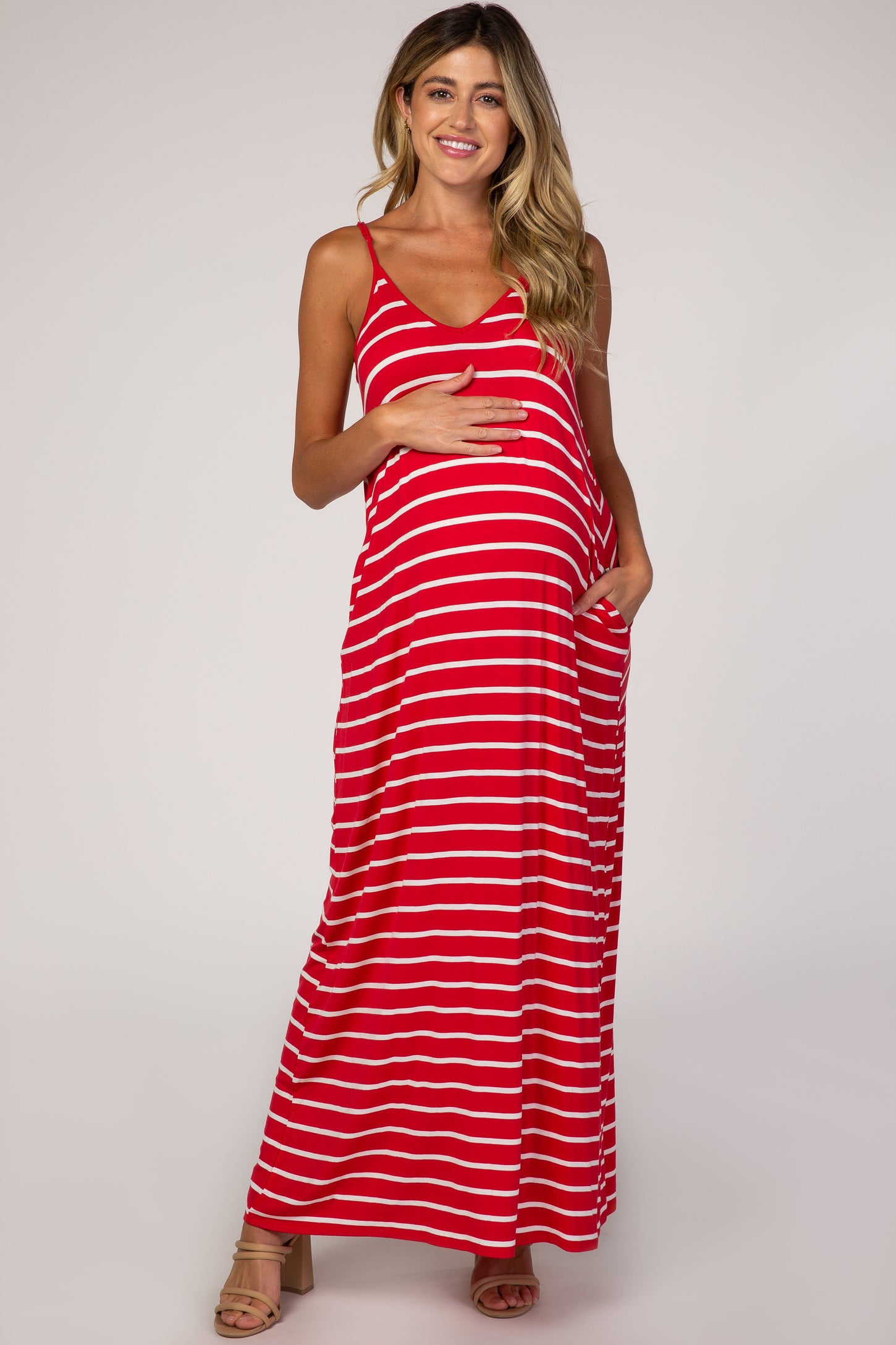 Red Striped Cami Strap Maternity Maxi Dress