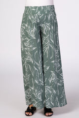 Sage Green Leaf Print Wide Leg Pants