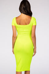 Neon Lime Short Sleeve Square Neck Midi Dress