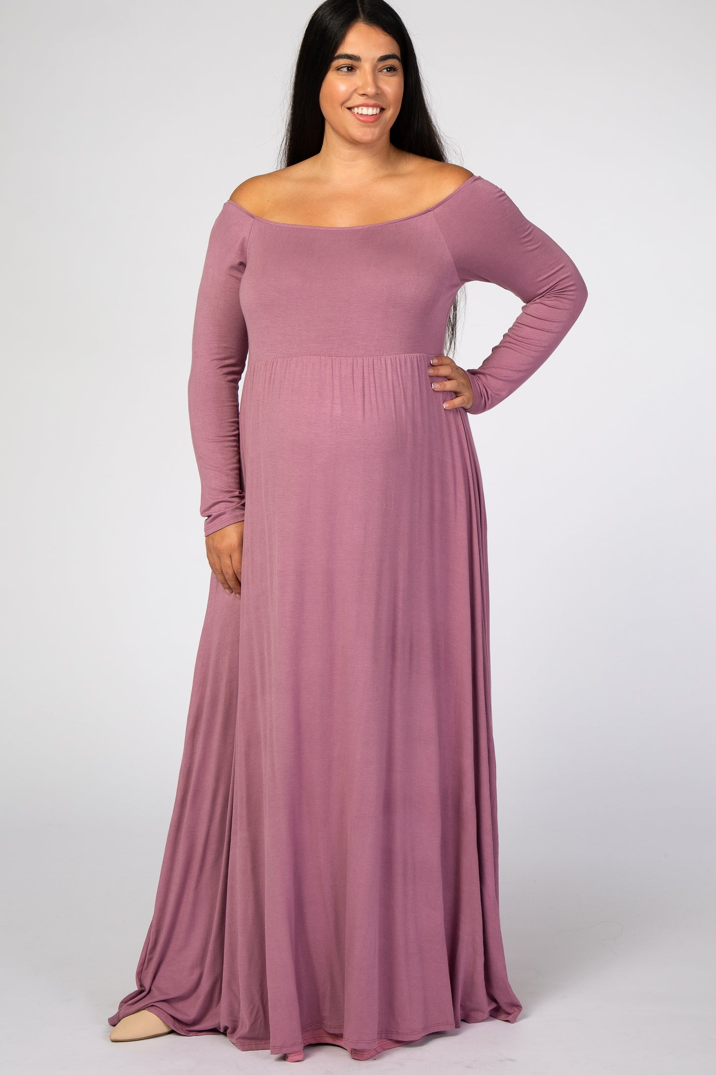 Mauve Solid Off Shoulder Plus Maternity Maxi Dress