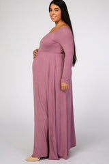 Mauve Solid Off Shoulder Plus Maternity Maxi Dress