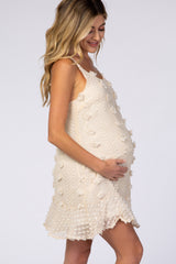 Cream Thin Strap Textured Polka Dot Ruffle Hem Maternity Dress