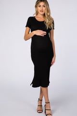 Black Fitted Short Sleeve Maternity Midi Dress