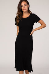 Black Fitted Short Sleeve Midi Dress