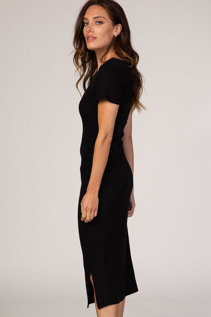 Black Fitted Short Sleeve Midi Dress