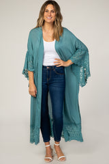 Teal Long Sleeve Lace Trim Cover Up