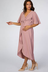 Mauve Open Sleeve Maternity Wrap Midi Dress