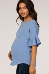 Blue Short Ruffle Sleeve Maternity Top