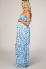 Blue Floral Flutter Sleeve Maternity Maxi Dress