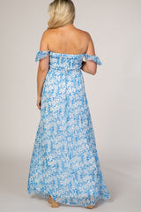 Blue Floral Flutter Sleeve Maternity Maxi Dress