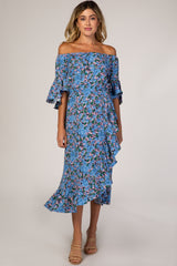 Blue Floral Off Shoulder Ruffle Maternity Dress