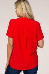 Red Solid Chiffon V-Neck Maternity Top