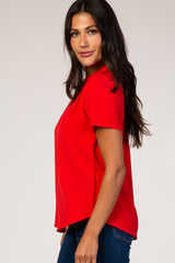 Red Solid Chiffon V-Neck Top