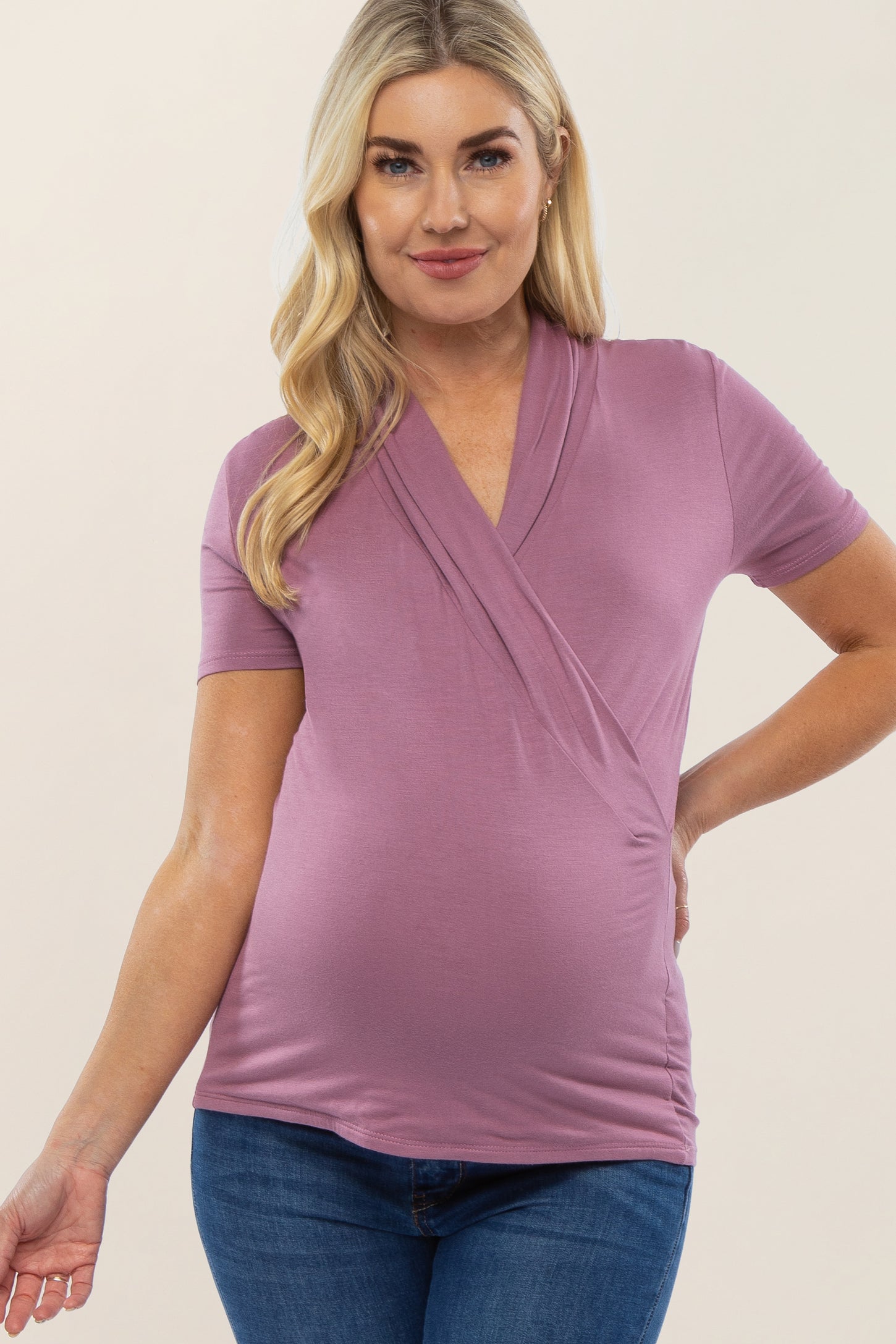 Mauve Solid Short Sleeve Wrap Front Maternity/Nursing Top