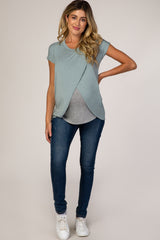 Dusty Green Layered Wrap Front Maternity/Nursing Top