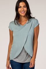 Dusty Green Layered Wrap Front Maternity/Nursing Top