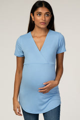 Blue Short Sleeve Wrap Maternity Nursing Top