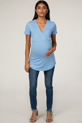 Blue Short Sleeve Wrap Maternity Nursing Top