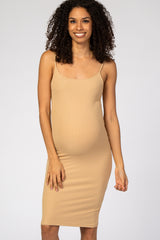 Taupe Ribbed Fitted Maternity Dress