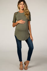 Olive Lace Sleeve Short Sleeve Maternity Top