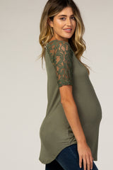 Olive Lace Sleeve Short Sleeve Maternity Top